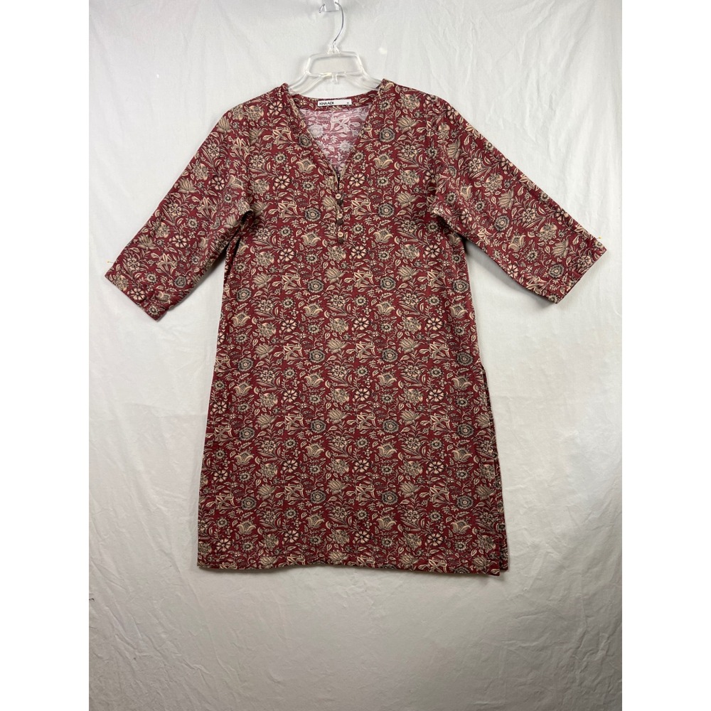 Khaadi Kurta Tunic Women 10 Maroon Floral Cotton 3/4 Sleeve V-Neck Side Slit